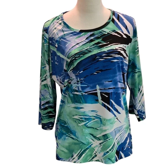 Bon Worth Women's Petite Medium Multicolor Abstract Top Ocean Colors 3/4 Sleeves - Picture 1 of 9